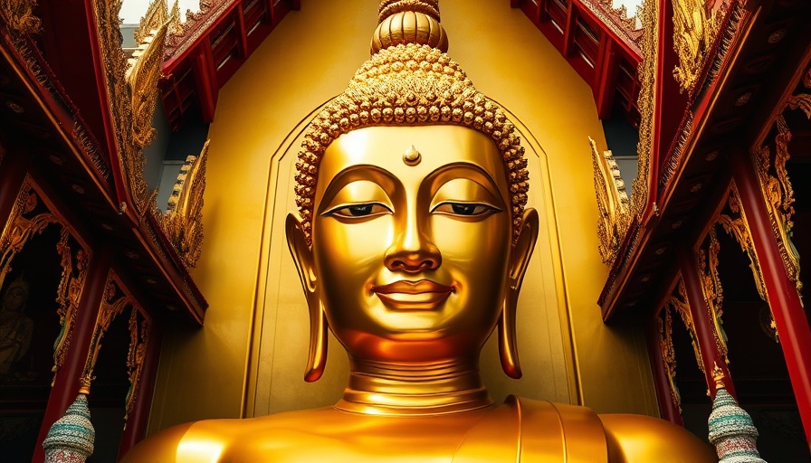 Serene golden Buddha with Thai temple spires, calm in Bangkok.