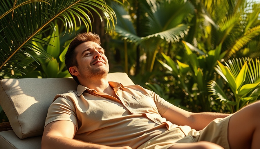 Man lounging peacefully in a tropical garden.