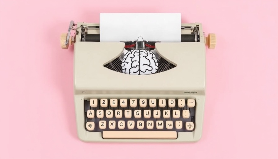Vintage typewriter with brain image on paper, pink background.