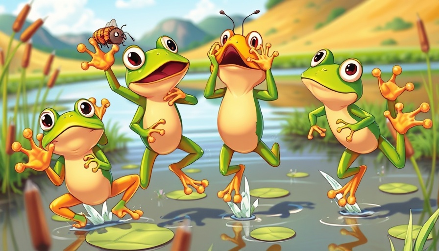 Playful cartoon frogs leaping for an insect in a vibrant pond setting.