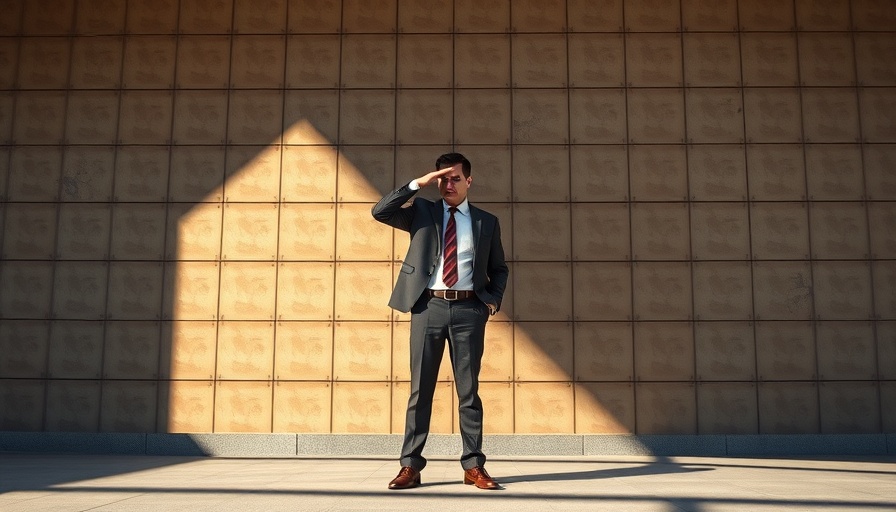 Businessman standing anxiously by patterned wall, layoff concern.