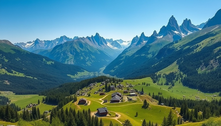 Panoramic view of lush alpine valley with mountains, travel inspiration in the Alps.
