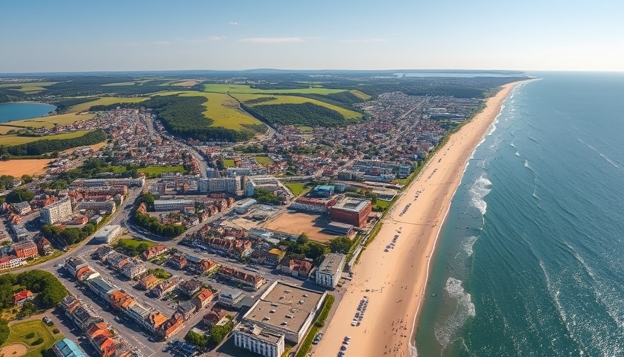 Aerial view of Hastings coastline showcasing cultural destinations.