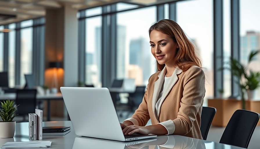 Confident woman in business setting working at laptop.