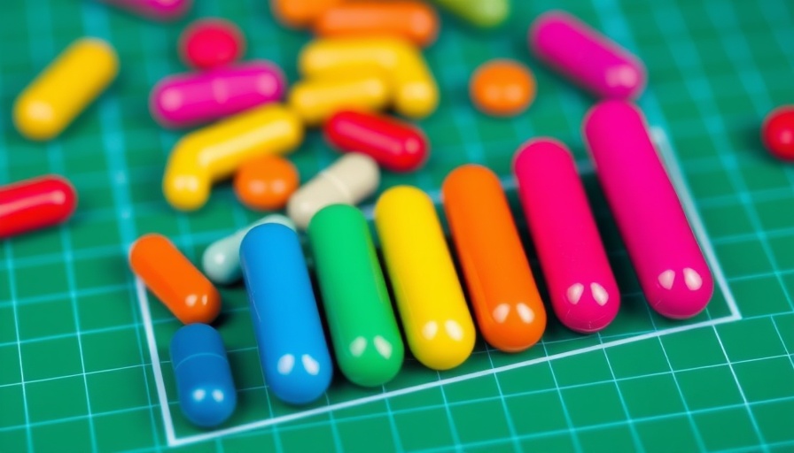 Colorful pills arranged in a bar chart on green grid background representing U.S. tariffs impact on prescription drugs.