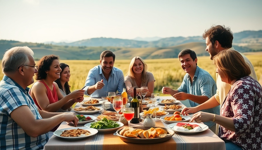 Joyful family enjoying Italian meal in scenic field, embracing Tucci in Italy food culture.