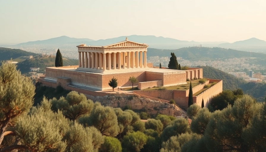 Olive oil tourism in Greece with view of the Acropolis and olive trees.