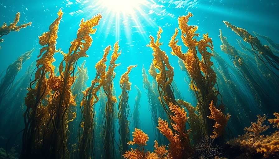 Underwater kelp forest in national park, sunlight beams through.