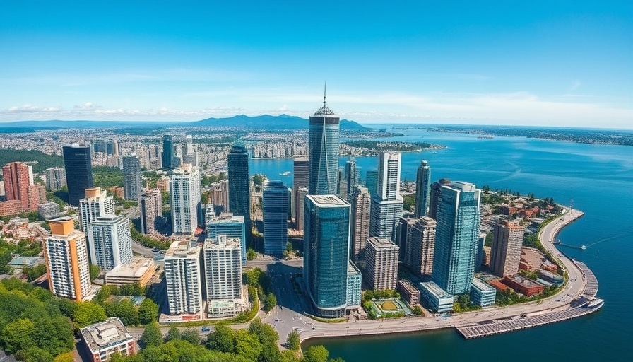Aerial view of Vancouver's skyline near food neighborhoods.