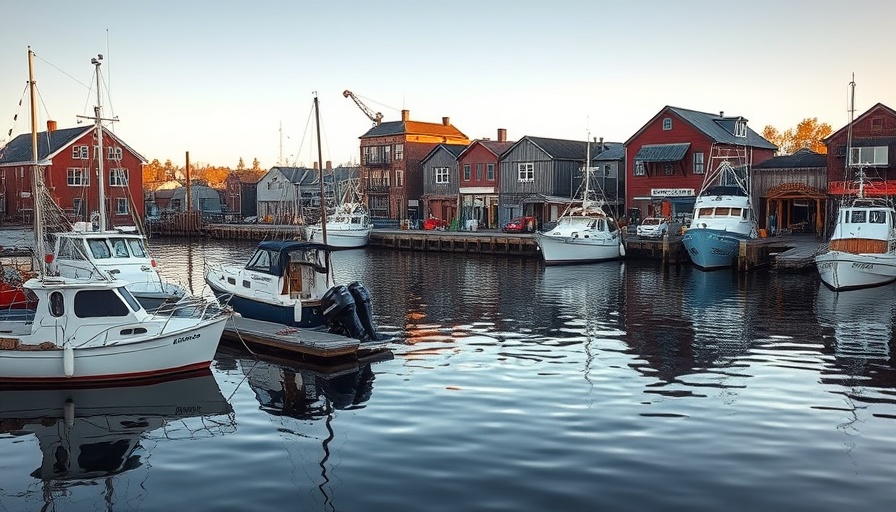 Waterfront view in Portland, Maine at sunrise, with boats and warehouses.