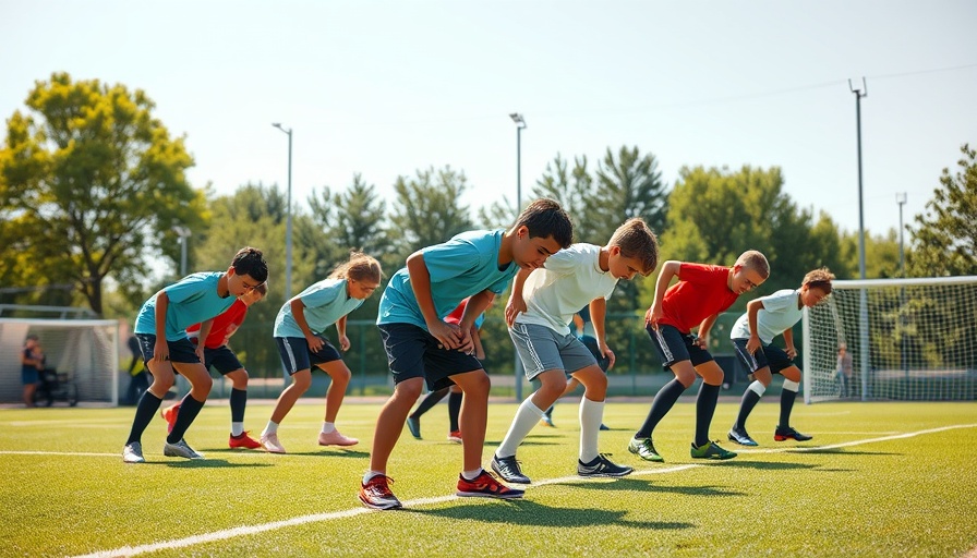 Group of young soccer players stretching on a sunny field