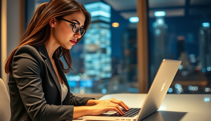 Women in business working late in a modern office setting at night.