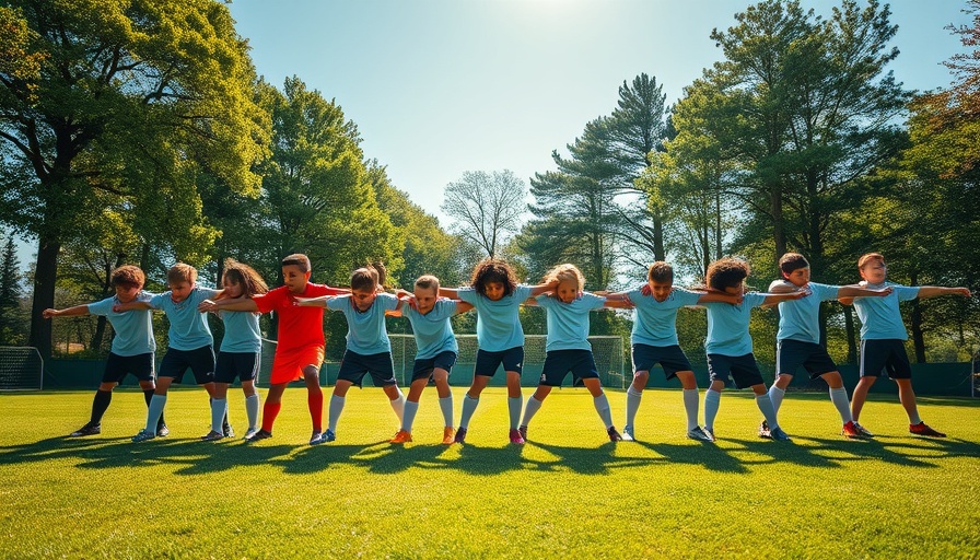Young soccer players practicing stretching, showing leadership skills.