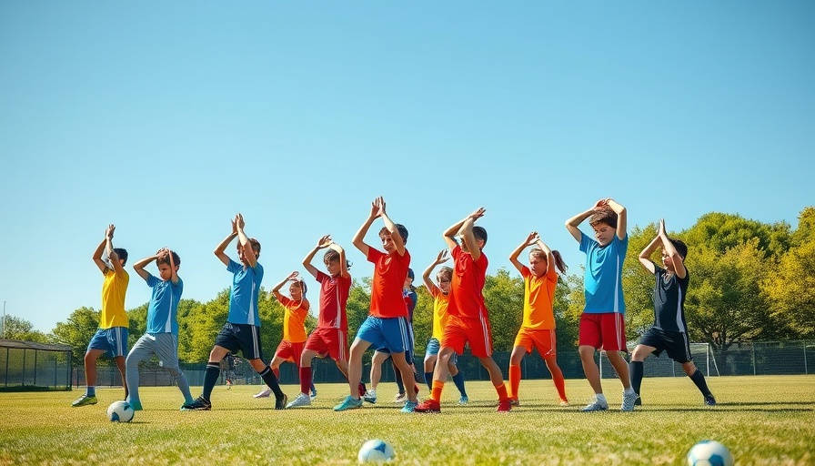 Young soccer players stretching on a sunny field