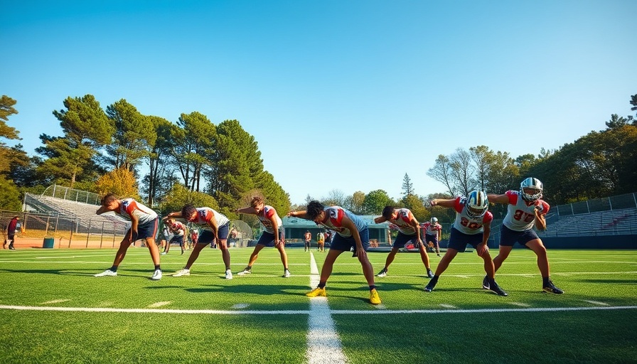Young athletes displaying teamwork, stretching on football field.