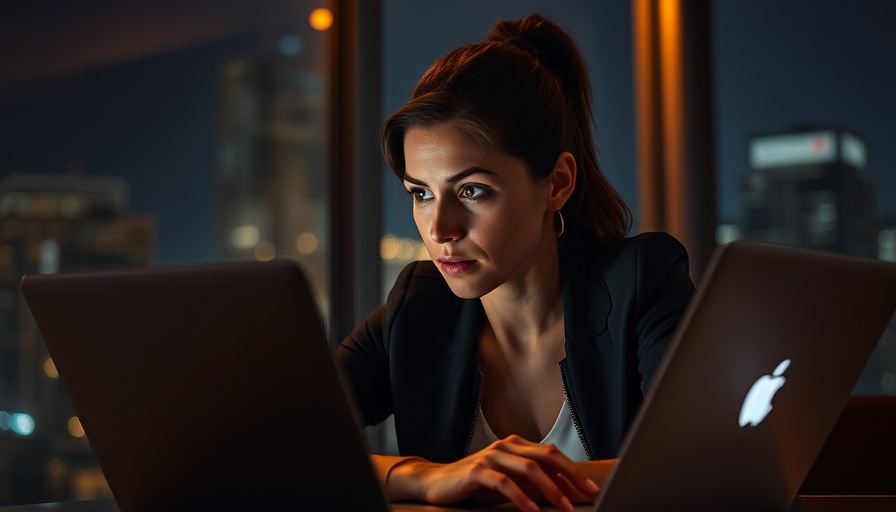 Focused woman in leadership working at laptop, city lights in background.