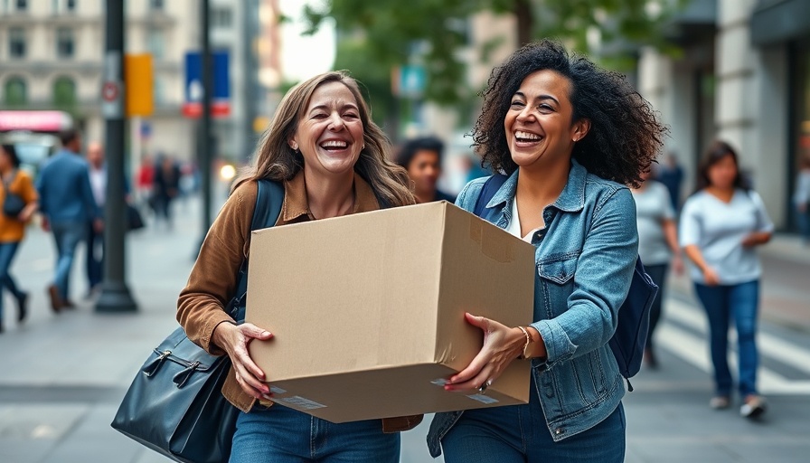 Two women collaborate carrying a box on city street, urban teamwork.