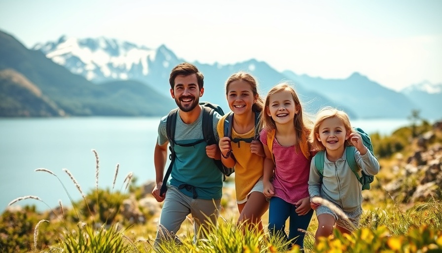 Family guided camping hike near a lake and mountains.