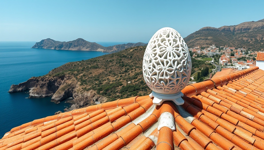 Dalí Triangle road trip: Ceramic egg on terracotta roof by Mediterranean.