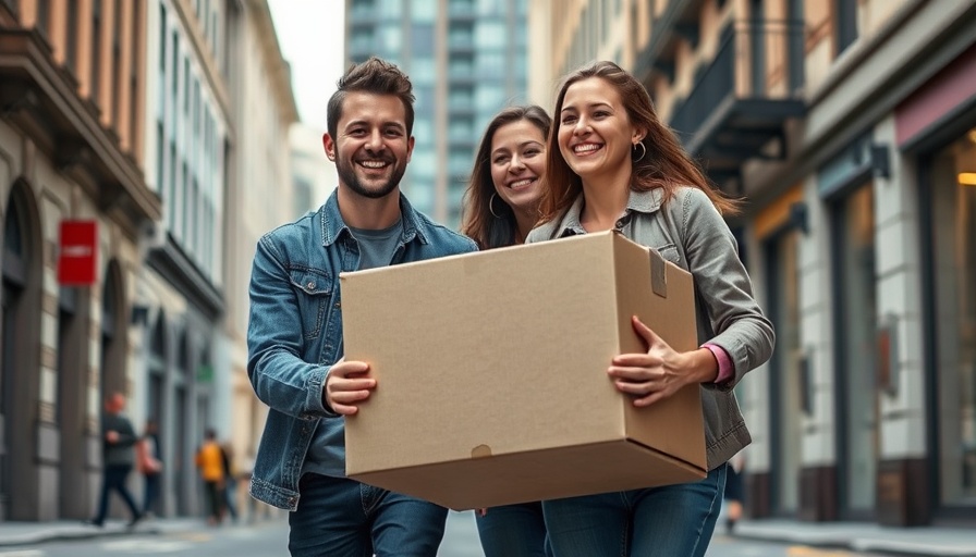 Two individuals carrying a box on a city street.