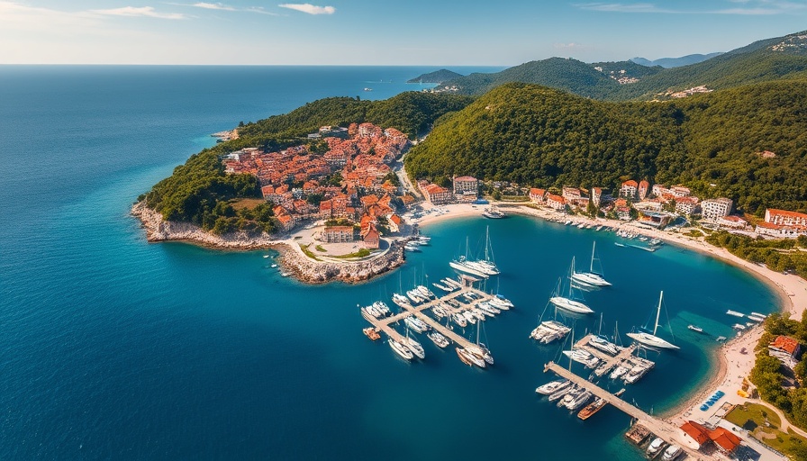 Aerial view of Croatian coastal village, lush greenery and clear waters.
