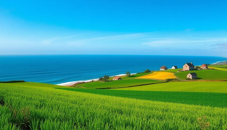 Scenic view of green fields in County Cork, with an ocean backdrop