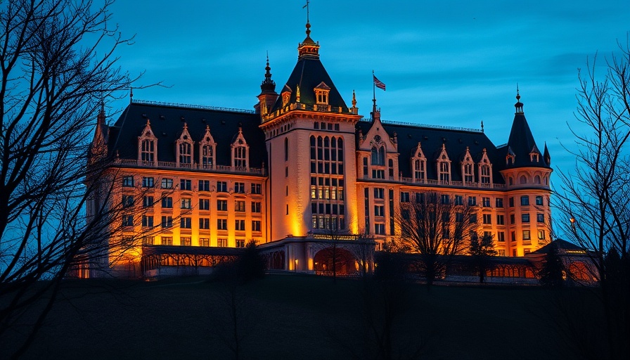 Majestic hotel glowing at dusk for travel inspiration.