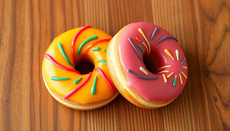 Colorful donuts symmetrically sliced on wooden surface, data analogy.