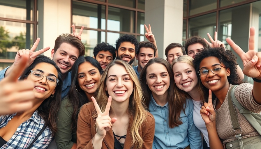 Diverse group of young adults taking a selfie outside, smiling.