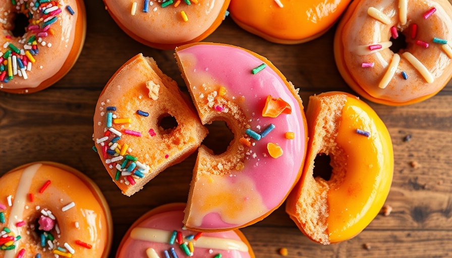 Brightly sprinkled donuts on a wooden board.