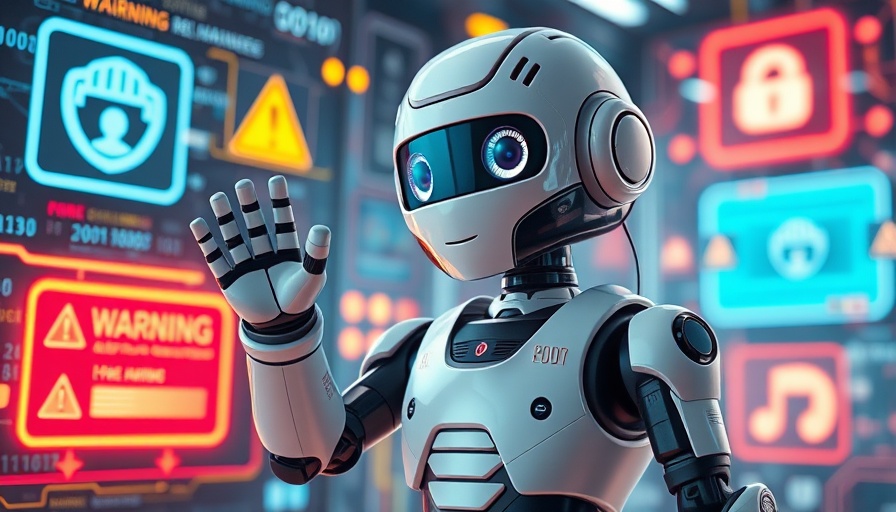 Futuristic AI trust concept with robot and security symbols.