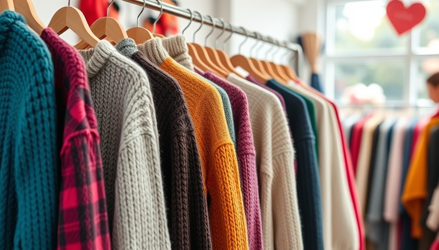 Colorful sweaters in a second-hand shop display.