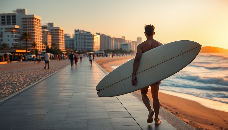 Surfer on promenade in one of the best beach cities in Spain, sunset view.