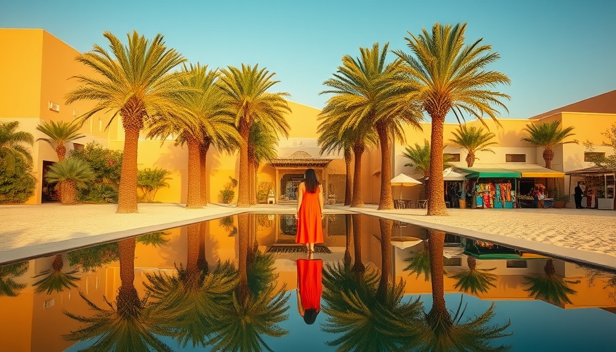 Serene oasis in Egypt's desert oases with palm trees and market.