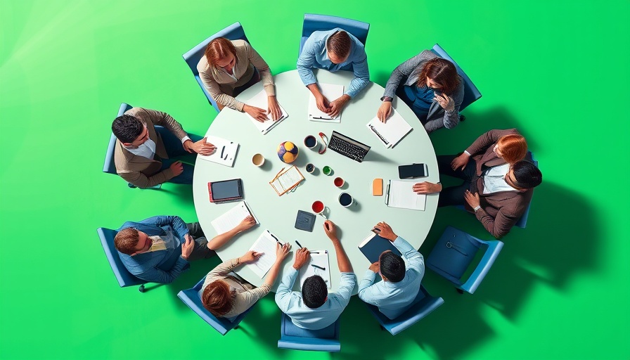 Diverse business team discussing around circular table.