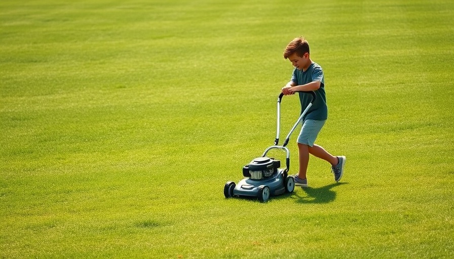 Child pushing lawn mower in large grassy field, implementing stretch assignments metaphor.