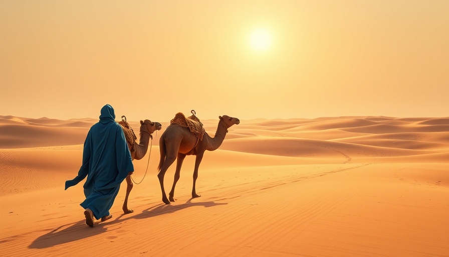 Traveler leading camels across desert, travel inspiration.