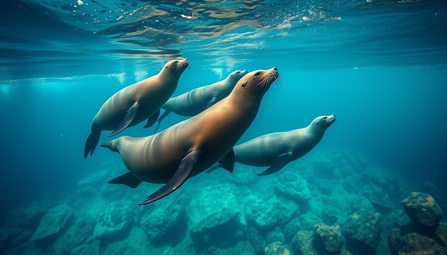 Sea lions swimming underwater near Juan Fernández Islands, travel inspiration.
