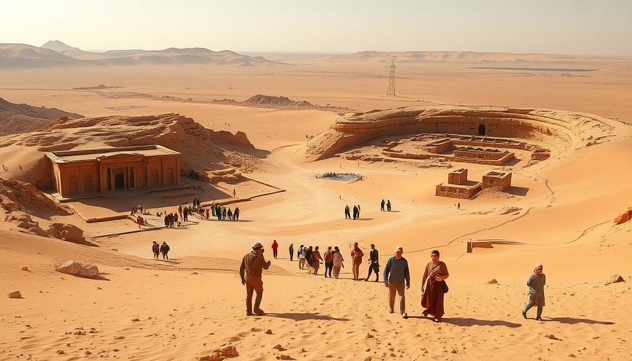 Tourists explore ancient desert ruins, video game tourism concept.
