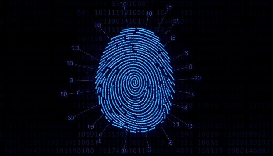 Abstract digital fingerprint with binary code for collecting employees’ biometric data.