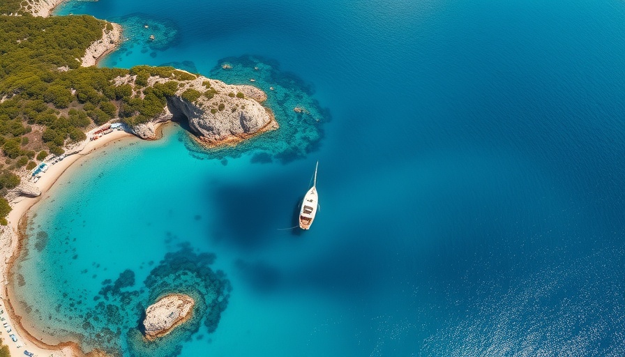 Aerial shot of Croatia's rocky shoreline, boat, turquoise waters on an island-hopping adventure.