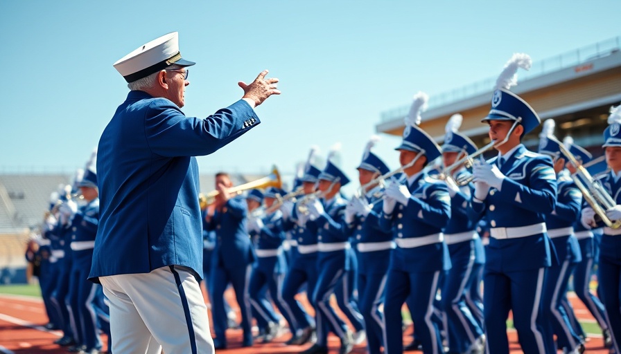 Marching band performing outdoors on a sunny day.