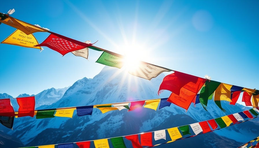 Vibrant prayer flags framing Mount Everest in morning light.
