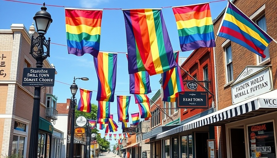 Charming small town with vibrant LGBTQ+ flags on a sunny day
