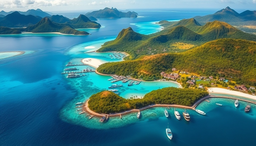 Aerial view of St. Thomas with lush hills and turquoise water