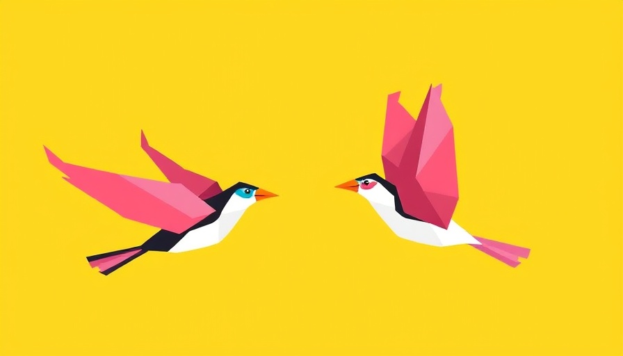 Vibrant stylized birds flying in formation on a yellow background.