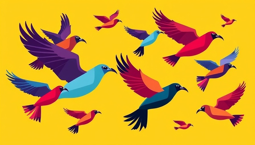 Stylized abstract birds flying in bold colors on yellow.