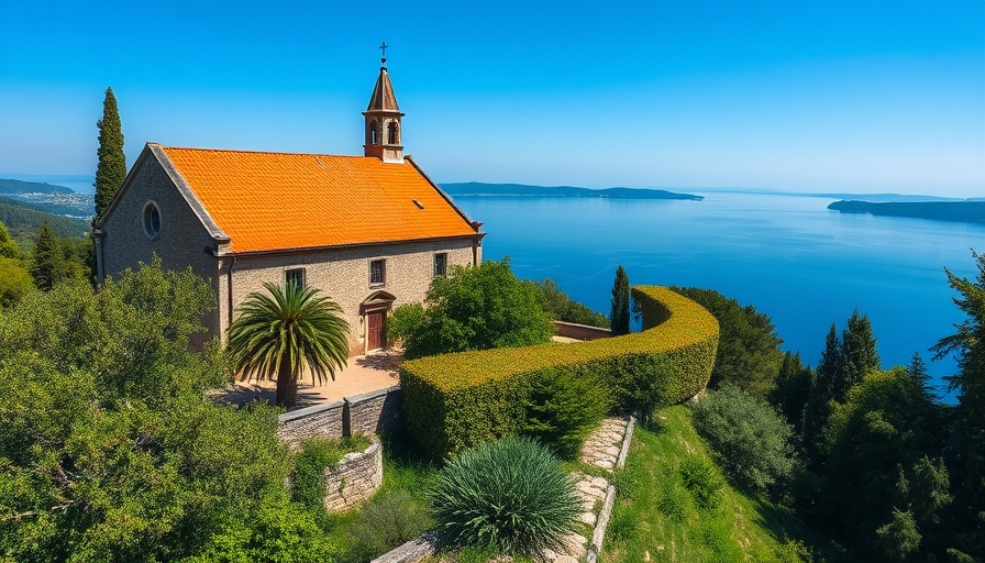 Historic stone church by serene lake in Balkan summer destination.