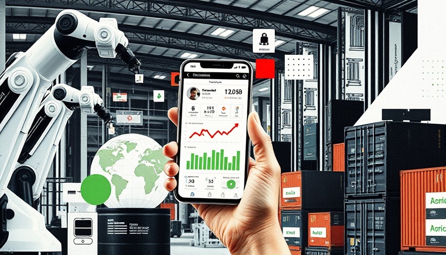 Futuristic industrial collage with robotic arms and smartphone in business context