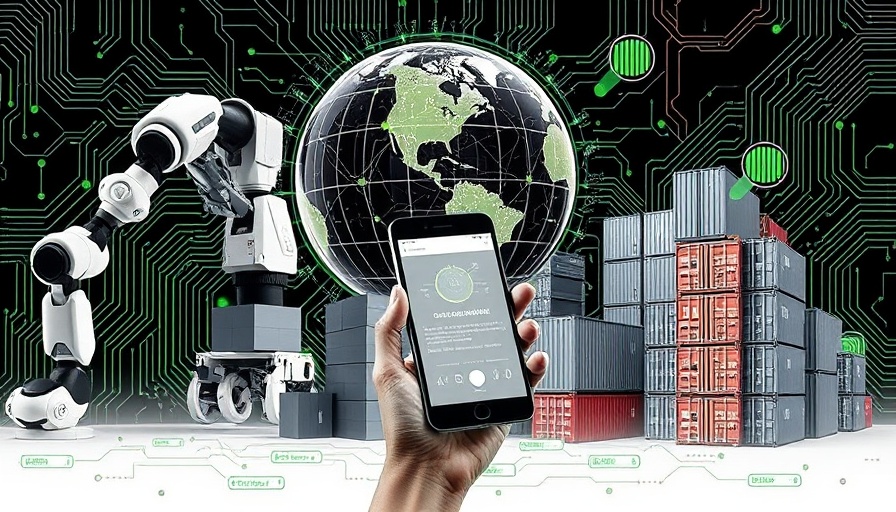 Collage depicting tariffs and technology in manufacturing with robotic elements.